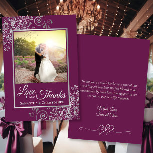 Magenta & Silver Love Thanks Wedding Photo & Note Thank You Card