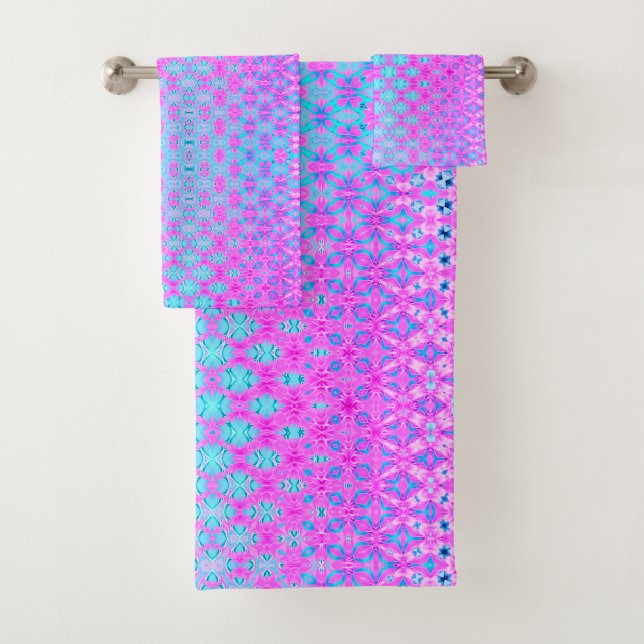 Magenta, Sky Blue and Navy Geometric Bath Towel Set (Insitu)