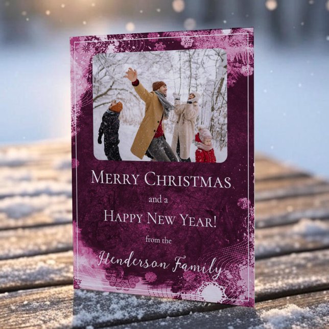 Magenta Snowflakes Flat Holiday Photo Card (Magenta Snowflakes Flat Holiday Photo Card)