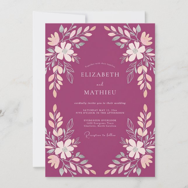 Magenta Soft Botanical Romance Wedding Invitation (Front)