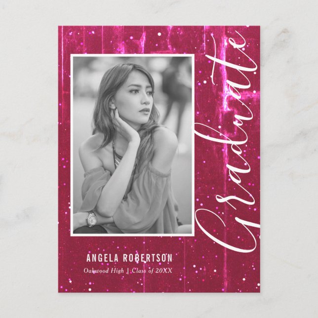 Magenta Space Glitter Photo Graduation Invitation Postcard (Front)