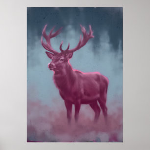 Magenta Stag in Blue Forest Painterly Art Poster