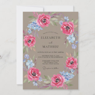 Magenta Taupe Wreath Wedding Invitation