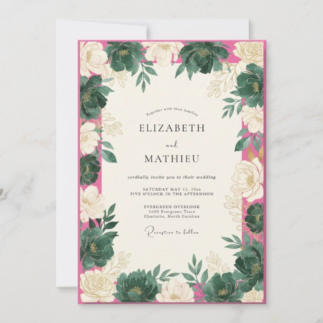 Magenta Teal Leafy Wedding Invitation (Front)