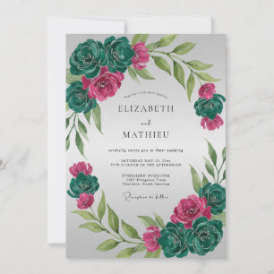Magenta Teal Ranunculus Eucalyptus Wedding Invitation