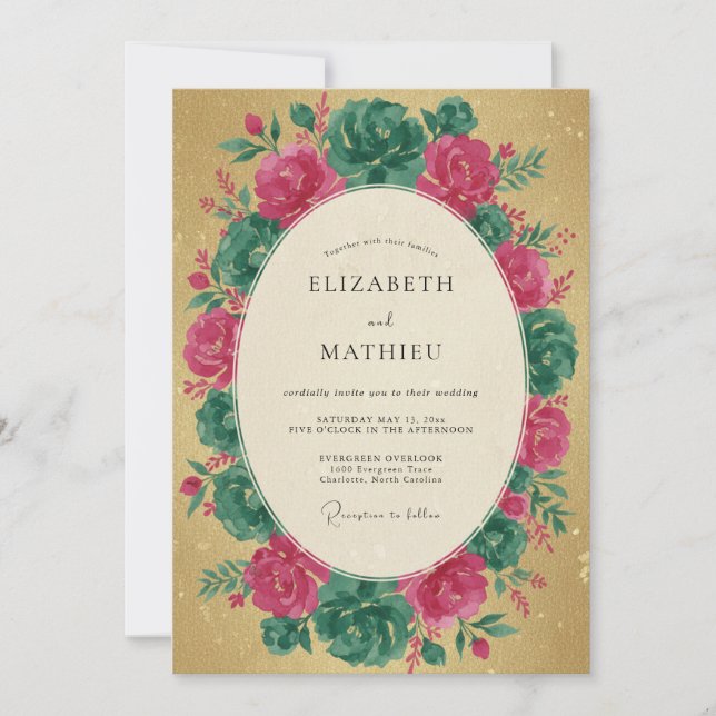 Magenta Teal Wreath Wedding Invitation (Front)