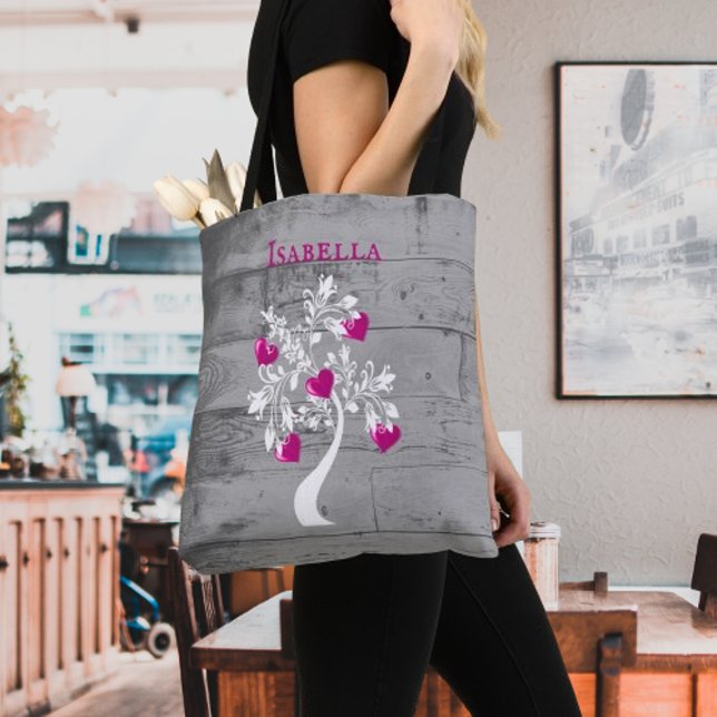 Magenta Tree of Hearts Personalised Tote Bag (Magenta Tree of Hearts Personalized Tote Bag)