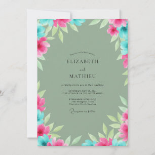 Magenta Turquoise Leafy Wedding Invitation