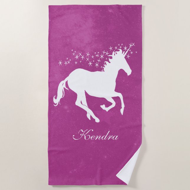 Magenta Unicorn Personalised Beach Towel (Front)