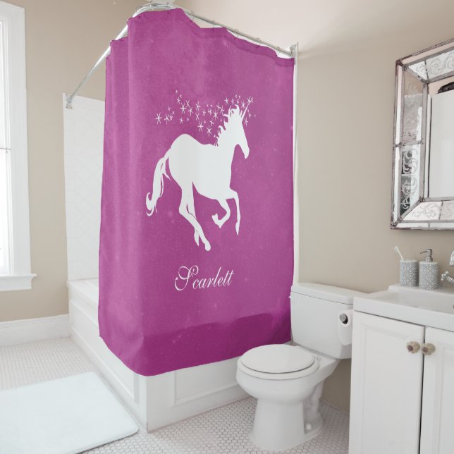Magenta Unicorn Personalised Shower Curtain (In Situ)