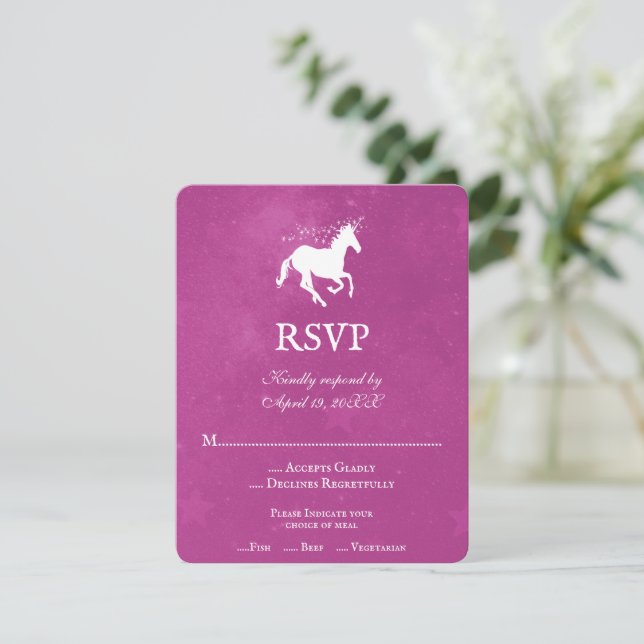Magenta Unicorn Wedding RSVP Card (Standing Front)