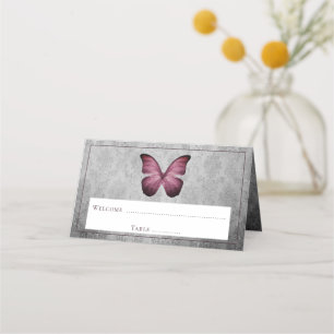 Magenta Vintage Butterfly Damask Reception Place Card