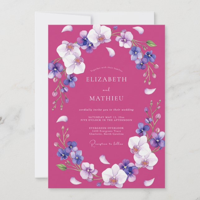 Magenta Violet Petal Wedding Invitation (Front)