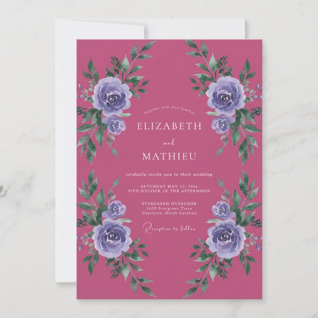 Magenta Violet Rose Wedding Invitation (Front)