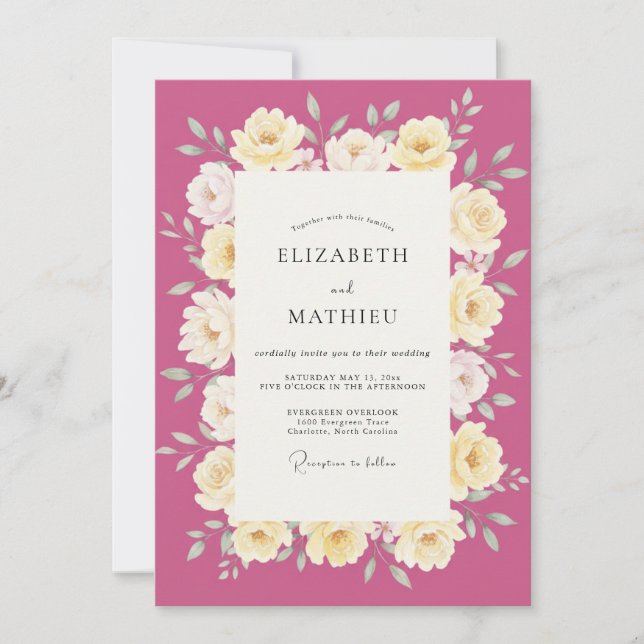 Magenta Warm Cream Leafy Wedding Invitation (Front)