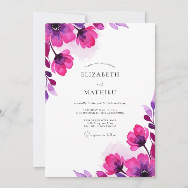Magenta Watercolor Bloom Wedding Invitation (Front)