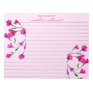 Magenta Watercolor Flowers Lined Personalised Notepad