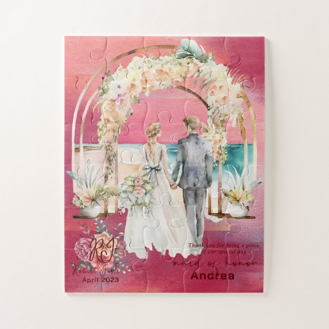 Magenta-Watercolor-Groom and Bride Walking Isle Jigsaw Puzzle (Vertical)