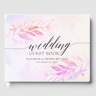 Magenta Watercolor Leaves Floral Wedding Guestbook