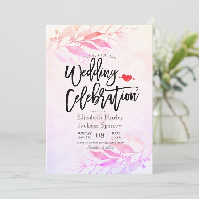 Magenta Watercolor Leaves Flower Botanical Wedding Invitation (Standing Front)