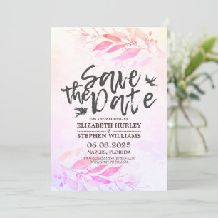 Magenta Watercolor Leaves Wedding Save The Date