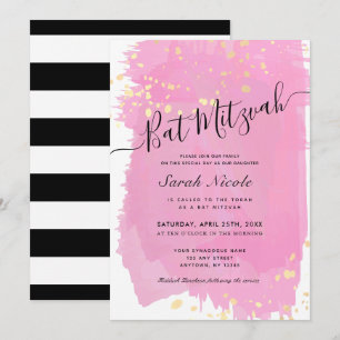 Magenta Watercolor x Gold Splatters Bat Mitzvah Invitation