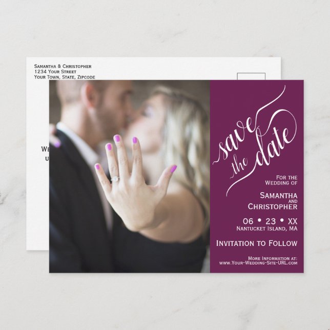Magenta Wedding Save the Date Photo & Calligraphy Announcement Postcard (Front/Back)