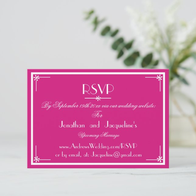 Magenta Wedding Simple White Script Names WS RSVP Card (Standing Front)