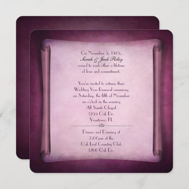 Magenta Wedding Vow Renewal Scroll Invitation (Front/Back)