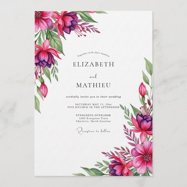 Magenta Whimsical Bloom Wedding Invitation (Front)