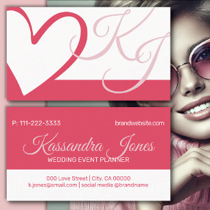 Magenta White Calligraphic Heart Monogram Initials Business Card