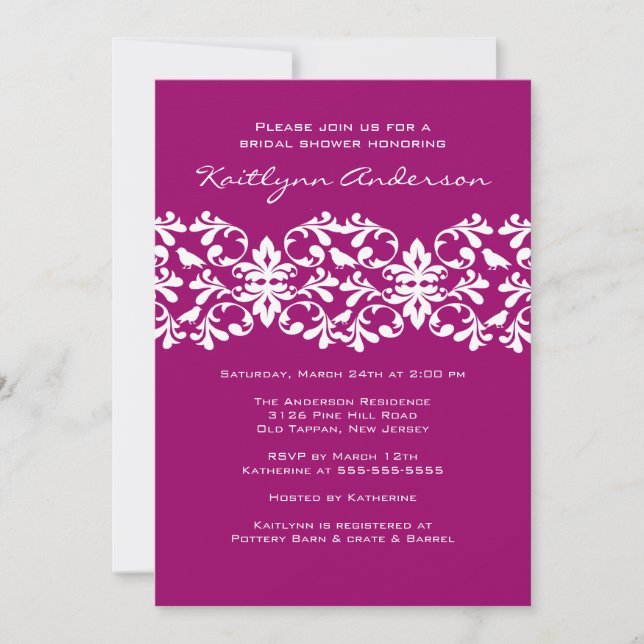 Magenta  & White Damask Bridal Shower Invitation (Front)