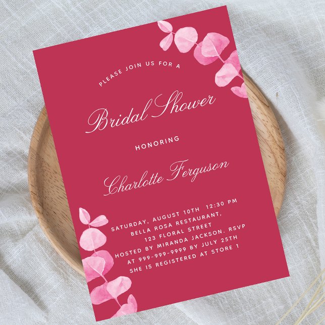 Magenta white eucalyptus bridal shower invitation postcard (Creator Uploaded)