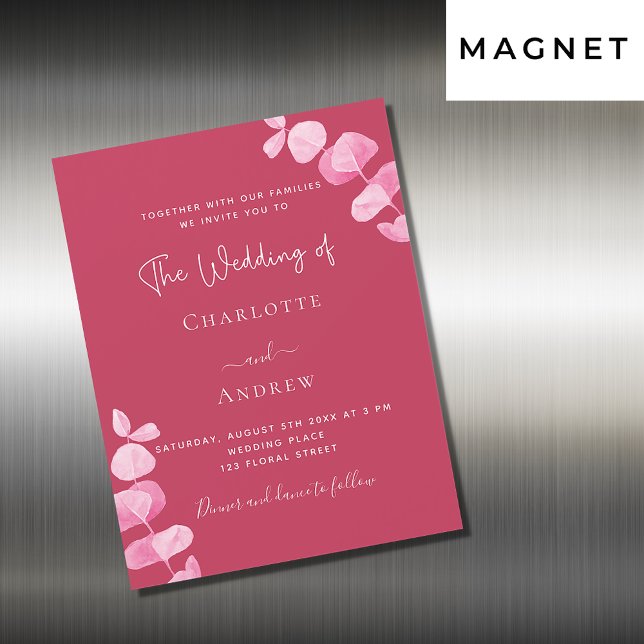 Magenta white eucalyptus luxury wedding magnetic invitation (Creator Uploaded)