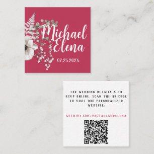 Magenta & White Floral Wedding Details QR Code Square Business Card