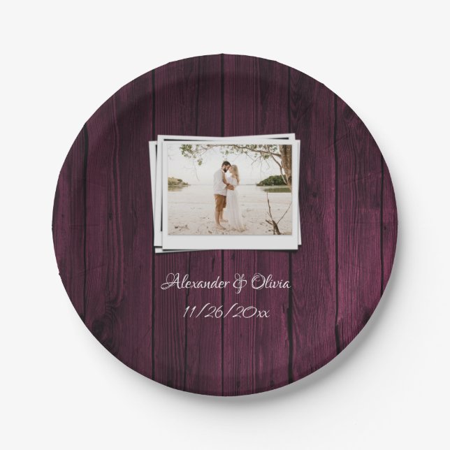 Magenta Wooden Photo Bridal Shower Paper Plate (Front)