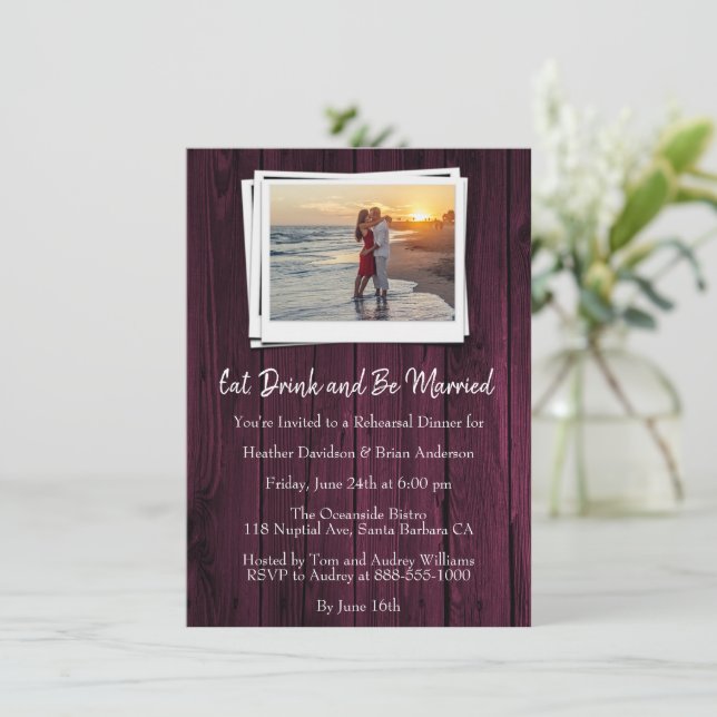 Magenta Wooden Photo Rehearsal Dinner Invite (Standing Front)