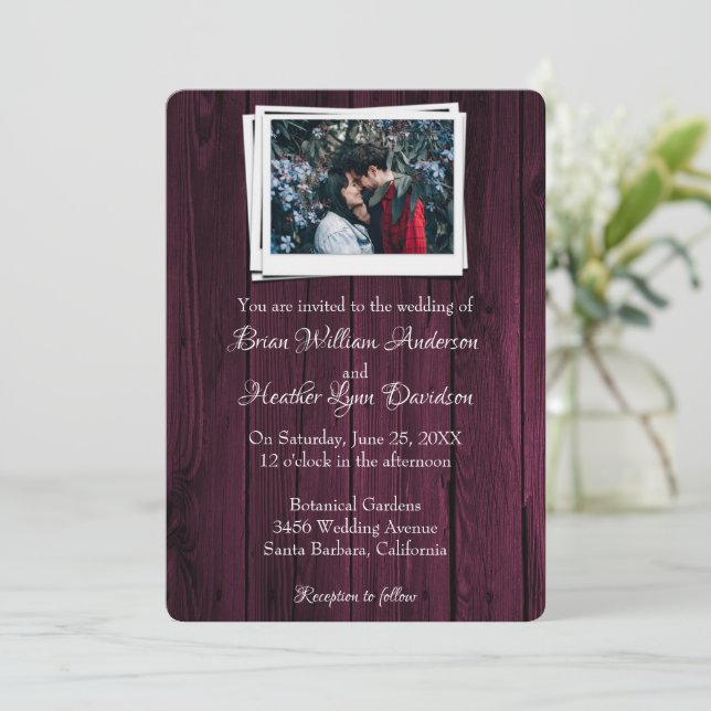 Magenta Wooden Photo Wedding Invitation (Standing Front)