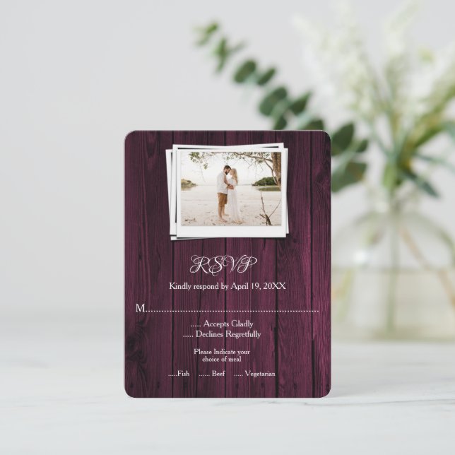 Magenta Wooden Photo Wedding RSVP Card (Standing Front)