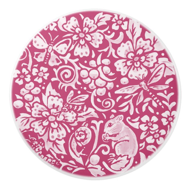 Magenta Woodland Mouse Insect Forest Nature Ceramic Knob (Front)