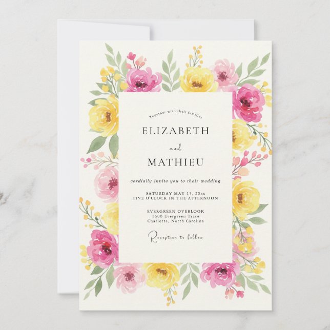 Magenta Yellow Peony Wedding Invitation (Front)
