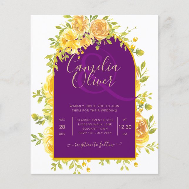 Magenta Yellow Roses Plum Purple Gold Wedding  Flyer (Front)