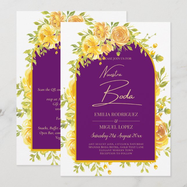 Magenta Yellow Roses Plum Purple Gold Wedding  Invitation (Front/Back)