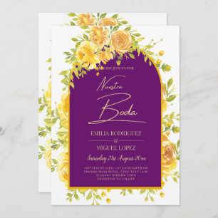 Magenta Yellow Roses Plum Purple Gold Wedding  Invitation