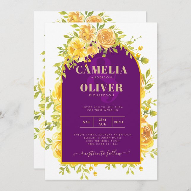 Magenta Yellow Roses Plum Purple Gold Wedding  Invitation (Front/Back)