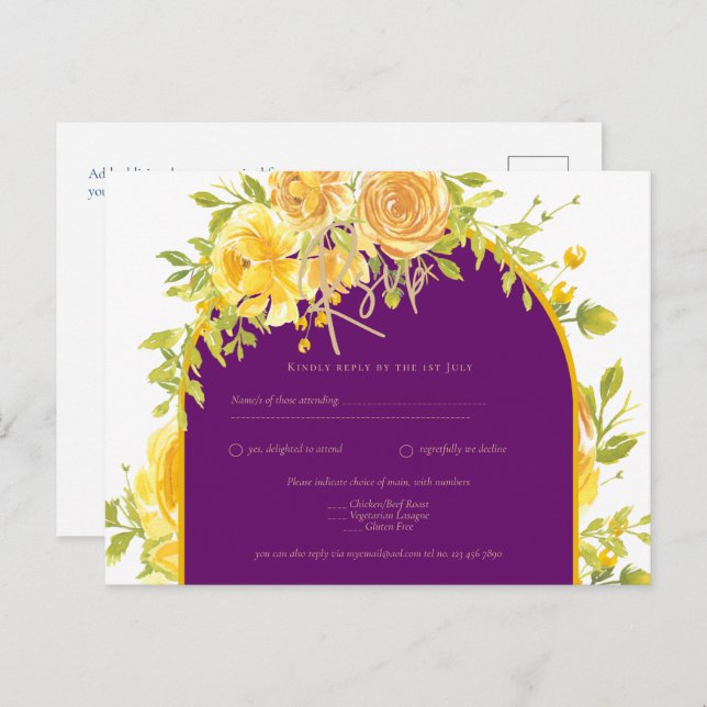 Magenta Yellow Roses Plum Purple Gold Wedding  Postcard (Front/Back)