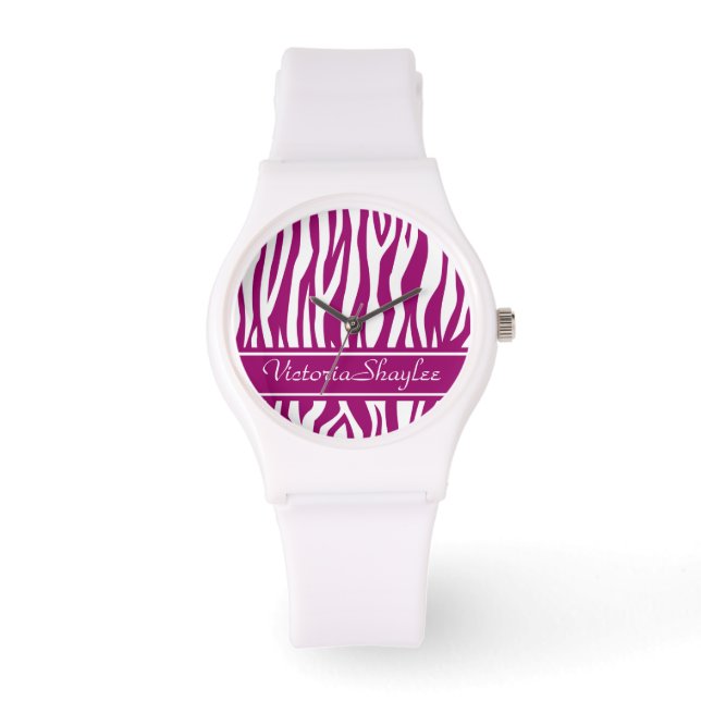 Magenta Zebra Print with custom text Watch (Front)