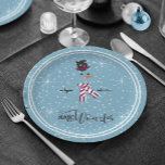 Magic and Wonder Christmas Snowman Blue ID440 Paper Plate<br><div class="desc">Beautiful minimalist Christmas paper plate design featuring a stylised snowman framed in white on a cadet blue background scattered with snowflakes and stars. Elegant trendy typography of 'Magic and Wonder' completes the design. Add your name to personalise if preferred. Search ID440 to see other coordinating products and additional colour options...</div>