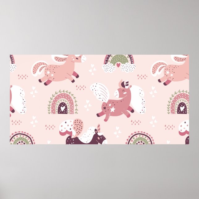 Magic background with little unicorns and rainbows poster (Front)