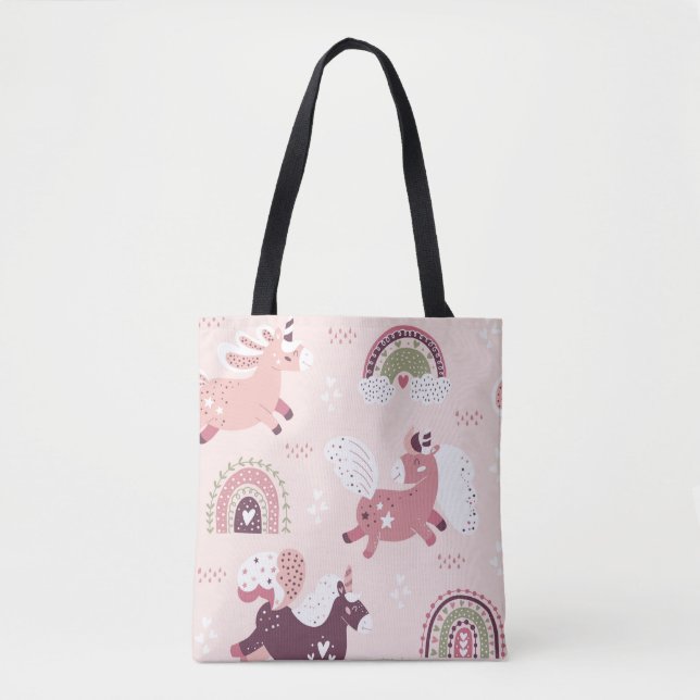 Magic background with little unicorns and rainbows tote bag (Front)